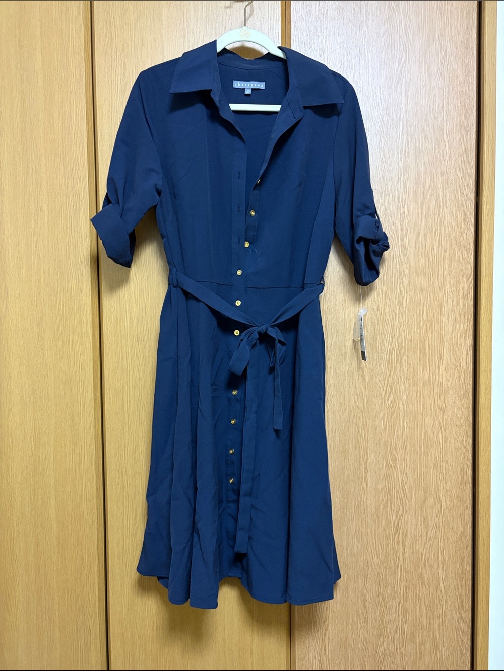 Sharagano Navy Button-Front Midi Shirt Dress with Tie Waist